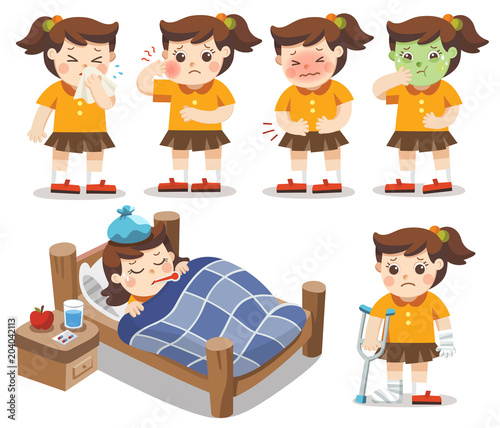 Set of A Girl get sick. She has high temperature. stomach ache , Toothache. Vector illustration