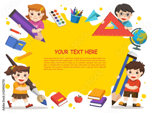 Back to school. Happy children with elements of school. Template for advertising brochure on white background.