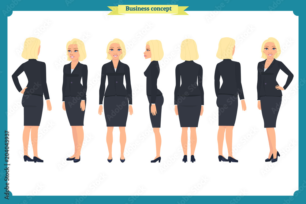 Obraz premium Set of young businesswoman presenting in different poses.People character. Standing, Woman body template for design, presentations work.Isolated on white. Flat style.business