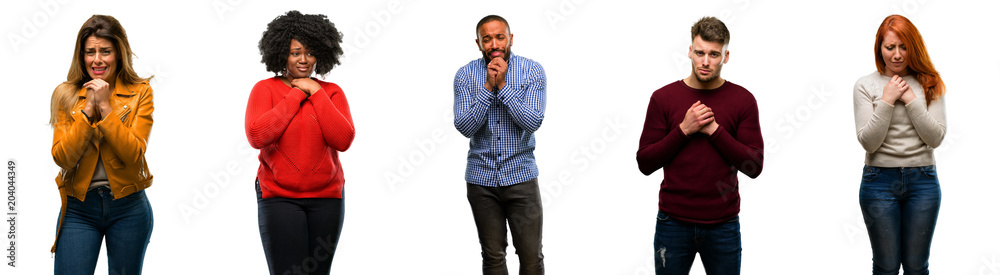 Group of cool people, woman and man crying depressed full of sadness expressing sad emotion Group of cool people, woman and man crying depressed full of sadness expressing sad emotion