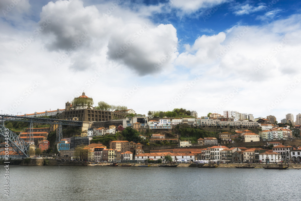 Panoramic view of Gaia. Douro River. Dom Luis Bridge. Monastery da Serra Do Pilar. Porto, Portugal.