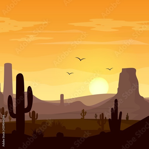 Desert landscape with cactuses on the sunset background