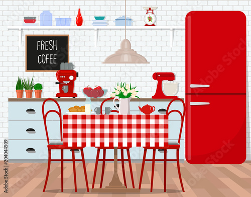 Interior design of kitchen, dining room in retro style. Vector flat illustration. Isolated vector objects...