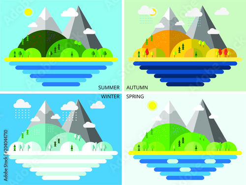 Natural all seasons landscape with sea, beach, hills, trees and mountains (Summer, Autumn, Winter, Spring), modern flat design conceptual style. Vector illustration.