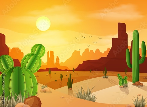 Desert landscape with cactuses on the sunset background