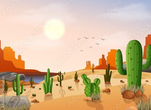 Desert landscape with cactus on the sunset background