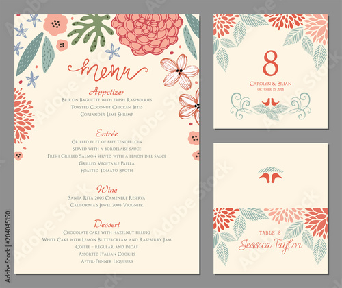Wedding menu, table number and name place card design. Vector illustration.