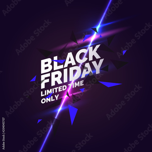 Black friday banner. Original poster for discount. Geometric shapes and neon glow against a dark background.