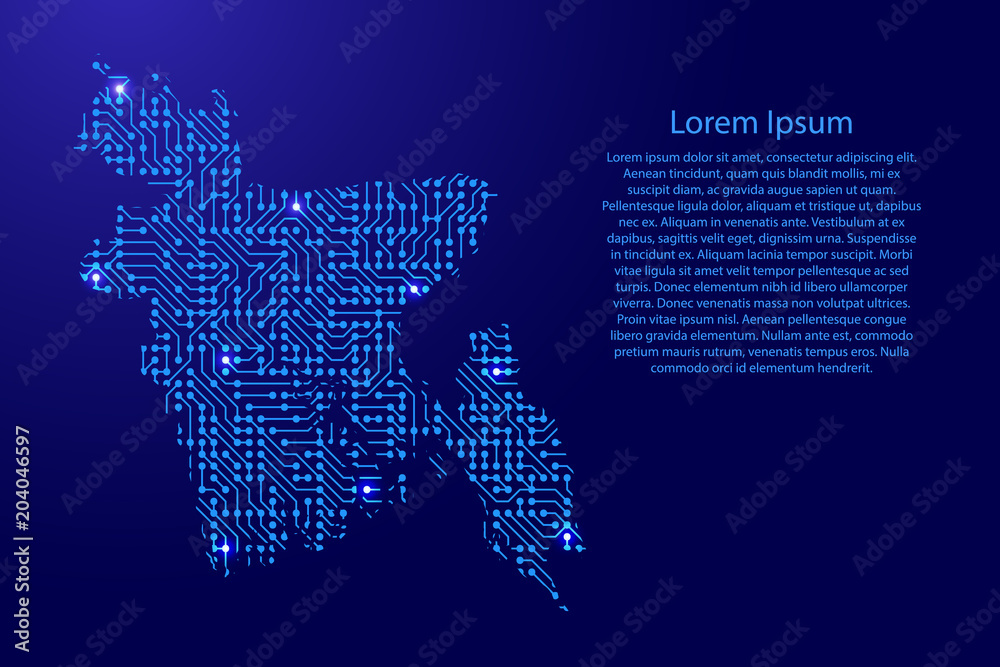 Map Bangladesh from printed board, chip and radio component with blue star space on the contour for banner, poster, greeting card. Computer electronics processor motherboard. Vector illustration.