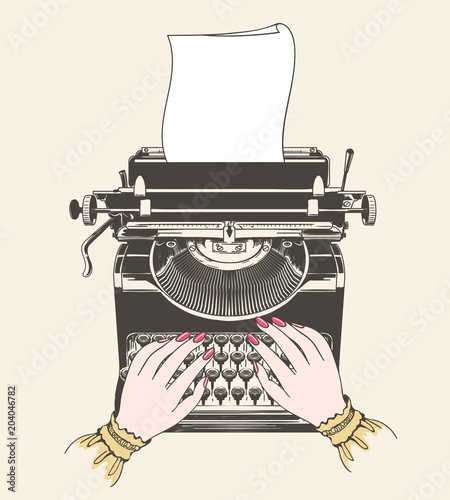 Copywriter concept. Copywriting or blogging vector illustration with vintage typewriter and author hands