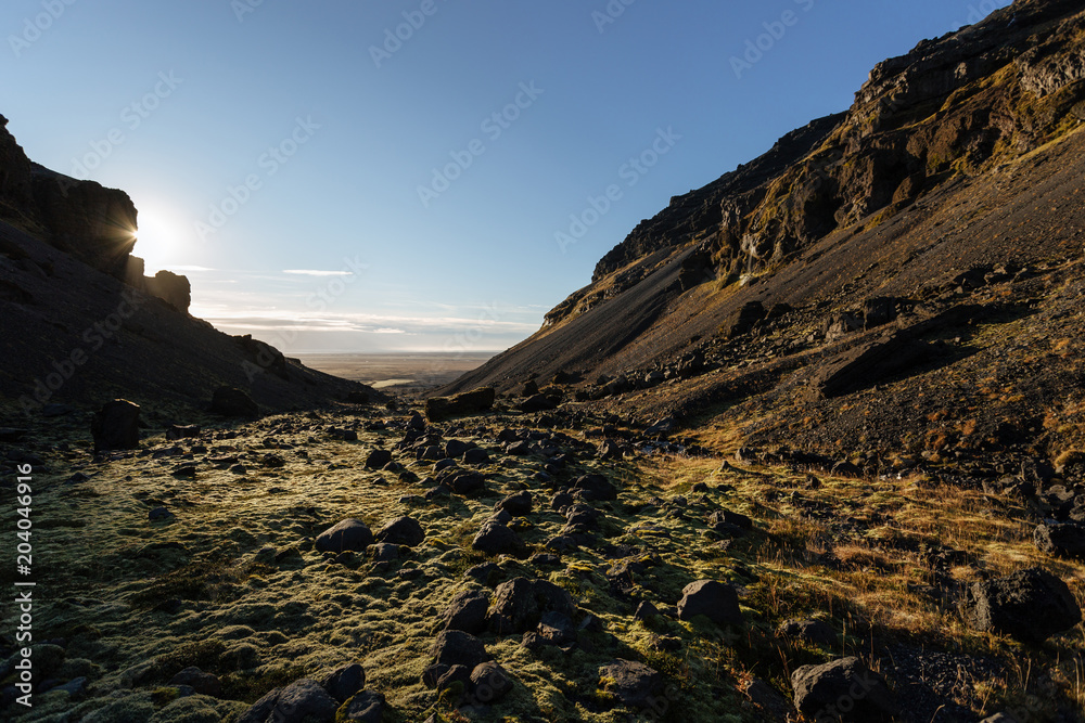 Fototapeta premium Iceland landscape with a grass and moss covered rocks
