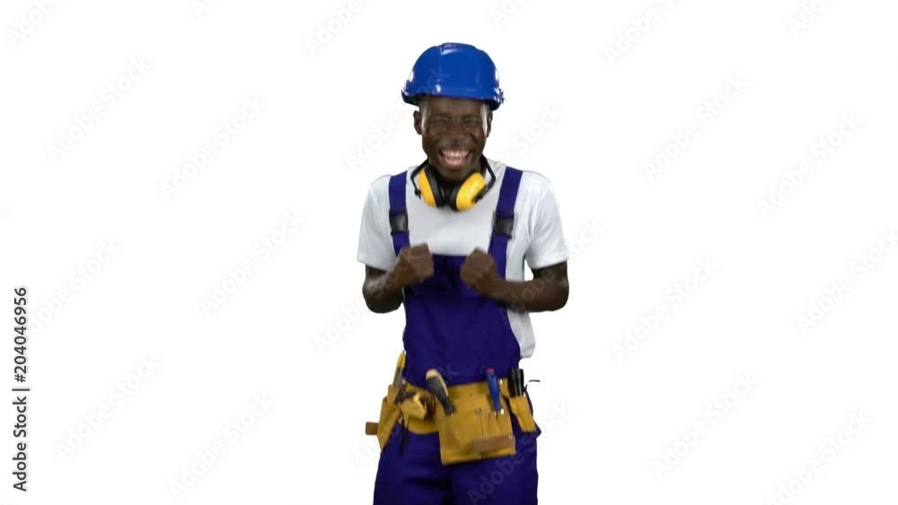 Builder is satisfied with the finished object, he is pleased like a little child. Alpha channel Builder is satisfied with the finished object, he is pleased like a little child. Alpha channel