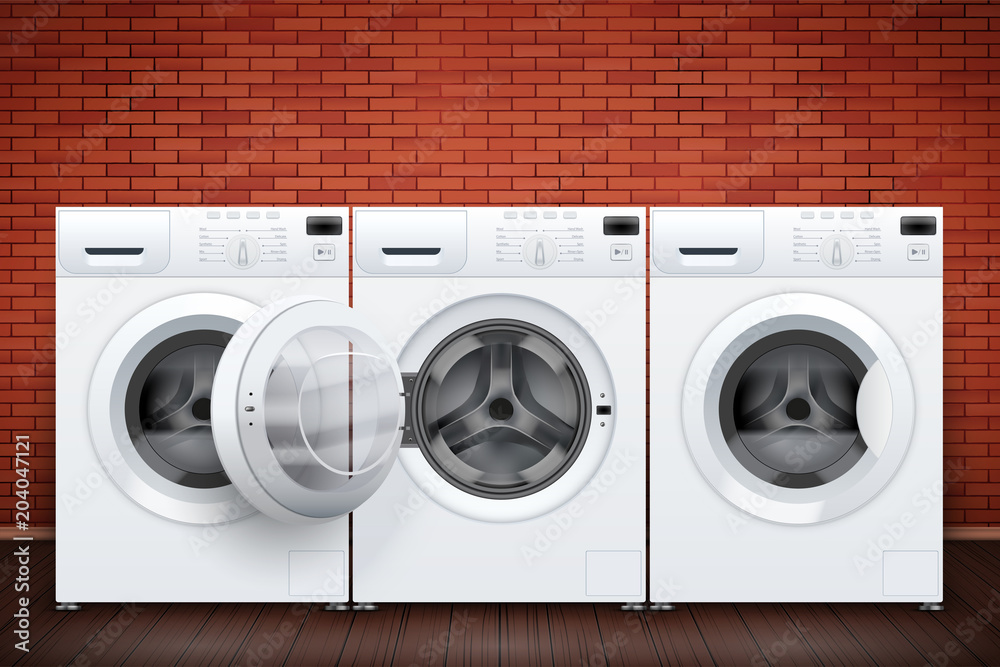 Fototapeta premium Laundry room interior with washing machines on red brick wall background. The concept of modern equipment for home laundry and household appliances. Vector Illustration
