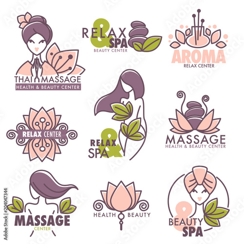 Massage health and beauty spa center emblems set