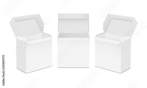 Set of opened tea boxes mockups - front and half side views. Vector illustration