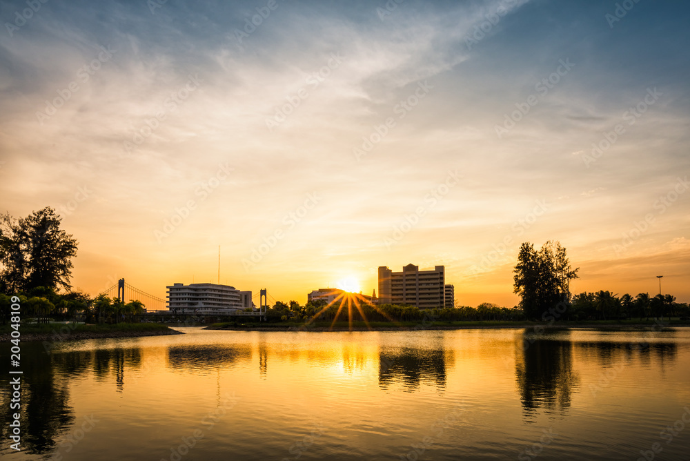 Sunset with lake in Public Park landscape