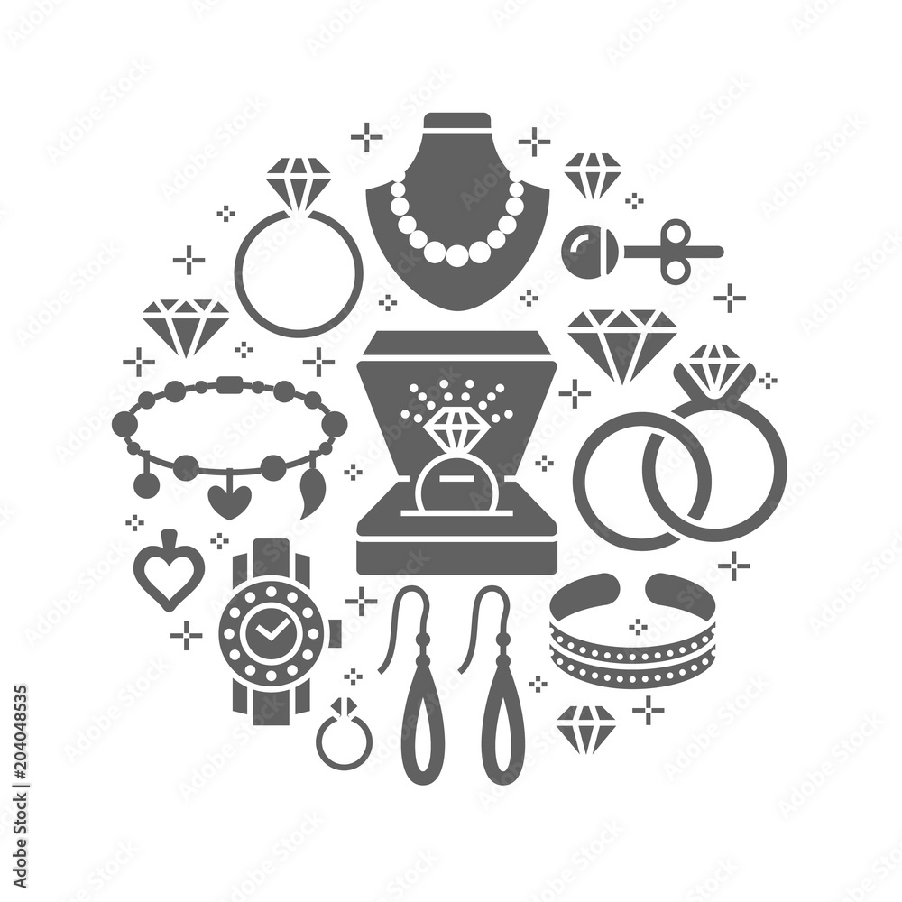 Jewelry shop, diamond accessories banner illustration. Vector silhouette  icons of jewels gold watches, engagement rings, earrings, silver necklaces,  charms, brilliants. Fashion store circle template. Stock Vector | Adobe  Stock