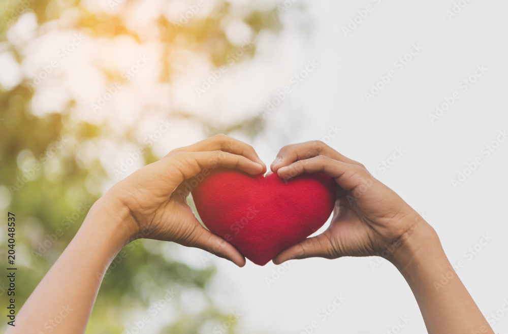 Romantic lovely valentine concept with hand gently raise up red heart on sky background Romantic lovely valentine concept with hand gently raise up red heart on sky background
