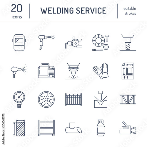 Welding services flat line icons. Rolled metal products, steelwork, stainless steel laser cutting, fabrication, turning works, safety equipment, powder coating. Industry thin sign for welder services.