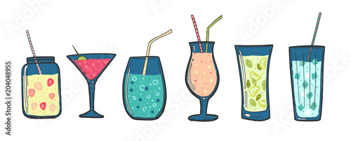 Cocktails set. Alcoholic drinks in glasses with tubes. Summer Cocktails. Berry smoothies, milkshake and fruit juice. Mojito and lemonade