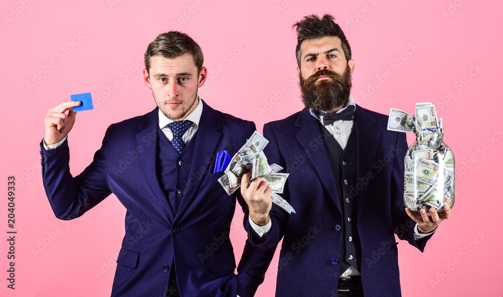 Bank Account Concept Men In Suit Businessmen With Jar Full Of Cash bank-account-concept-men-in-suit-businessmen-with-jar-full-of-cash