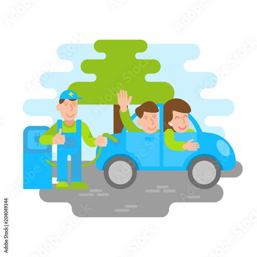 electro car refueling with happy people 