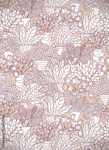 Vertical card with cute cartoon plants and flowers in pots.