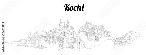 Kochi city vector panoramic hand drawing sketch illustration photo