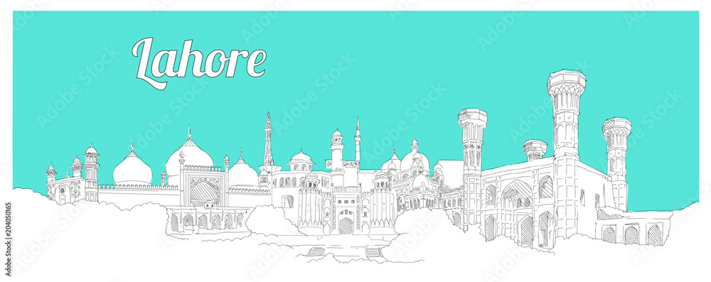 Naklejka premium LAHORE city hand drawing panoramic sketch illustration