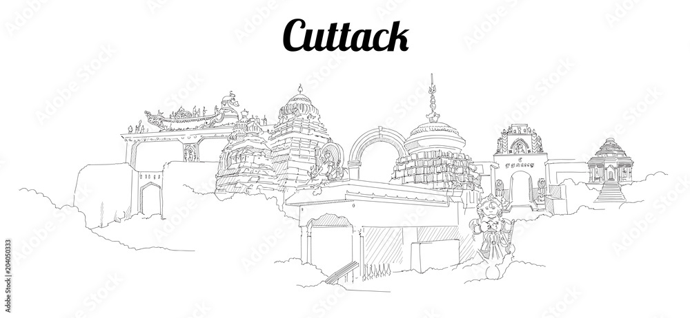 Cuttack city vector panoramic hand drawing sketch illustration