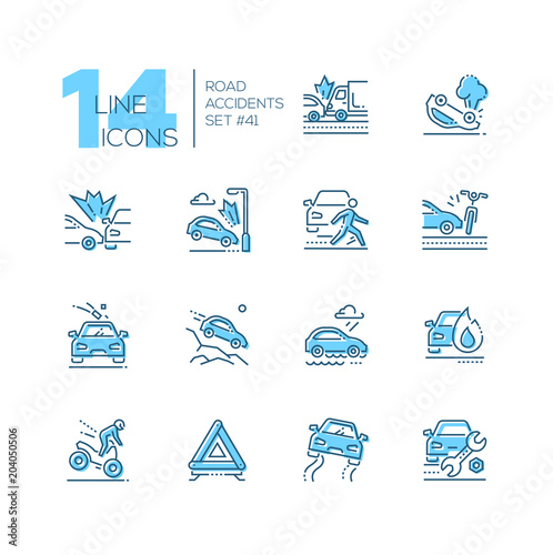 Road accidents - set of line design style icons