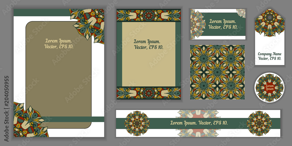 Set of graphic elements for business design in art Nouveau style. Business  card, round label, background