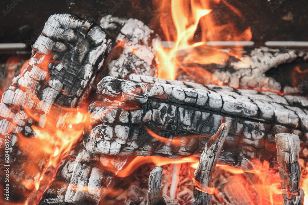 Coal from wood in a campfire with smoke and flame. Natural fire of firewood. Coal from wood in a campfire with smoke and flame. Natural fire of firewood.