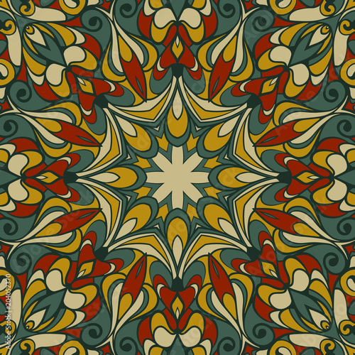 Vector square concentric motif in the style of traditional Eastern mandalas. Restrained natural shades of brown and green in the style of Celtic ornaments.