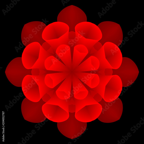 Fototapeta Naklejka Na Ścianę i Meble -  Three-dimensional floral geometric element on a dark background. Radial symmetry with 3D effect in high-tech shades of red.