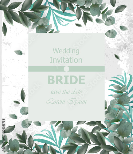Wedding invitation Vector frame. beautiful round wreath with green leaves decors