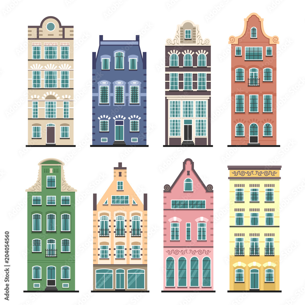 Set of 8 Amsterdam old houses cartoon facades. Traditional architecture of Netherlands. Colorful flat isolated illustrations in the Dutch style.