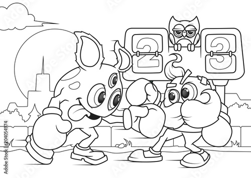 Boxing Monsters. A Coloring Book Page. A Line Art With Background.