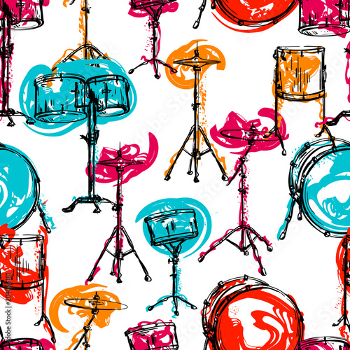 Seamless pattern with drum kit and splashes in watercolor style. Colorful hand drawn vector illustration 