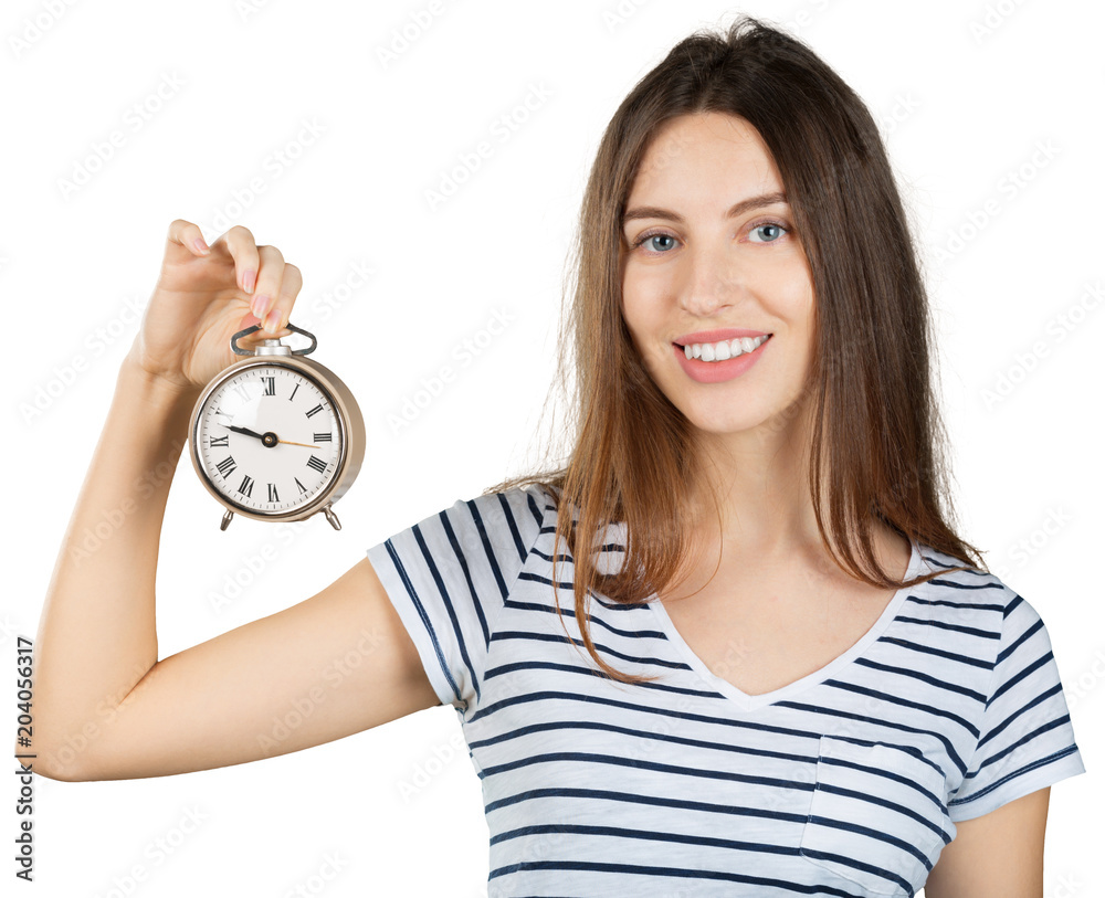 Young woman with alarm clock isolated on white. Time management concept Young woman with alarm clock isolated on white. Time management concept