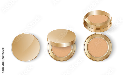 Ads template mockup realistic cosmetic makeup cheek blush compact or face concealer powder in gold a pack on a white background.