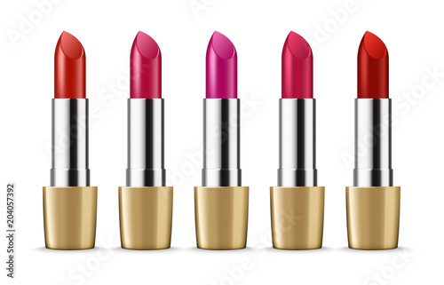 Ads template mockup realistic makeup cosmetic set of color lipsticks. Fashion Colorful Lipstick on white background.