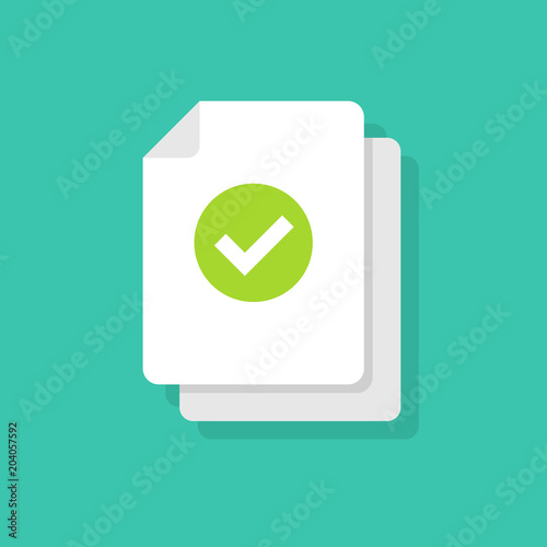 Document and checkmark vector icon Concept or correct form or agreement symbol. Flat cartoon paper doc page with approved tick sign, folded sheet with success or passed verification data.