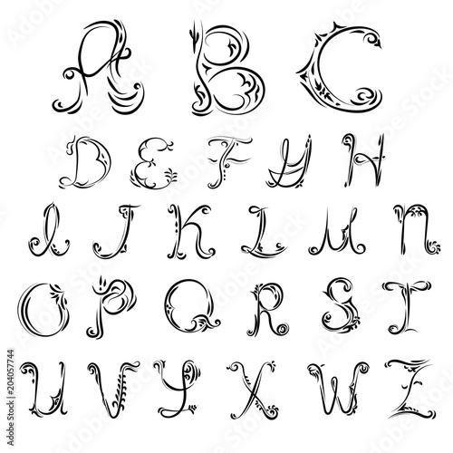 Vector line decorative font. Latin alphabet from ancient contour letters.