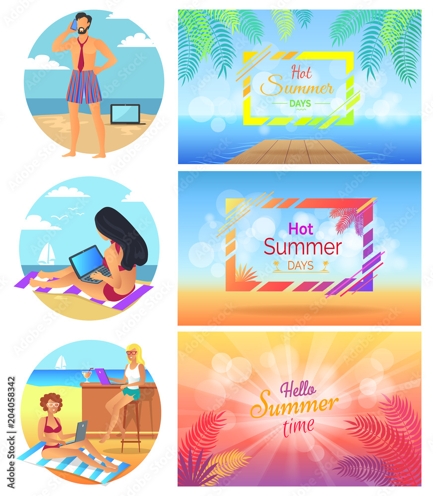 Naklejka premium Hello Hot Summer Days Set Vector Illustration