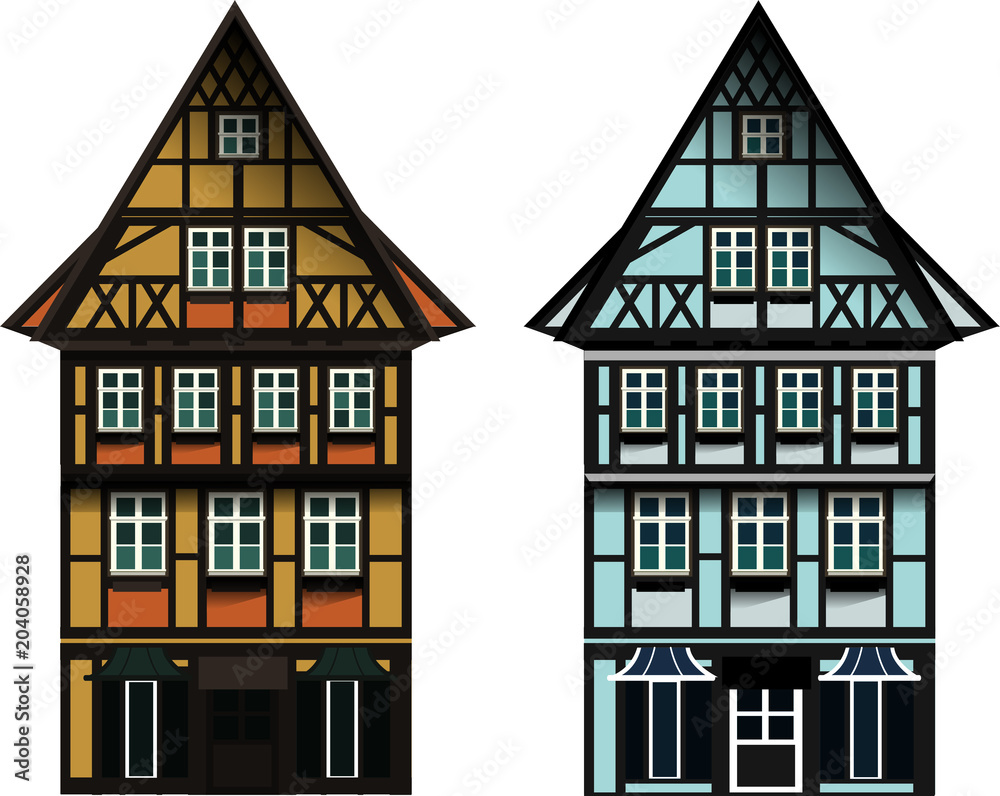Vector illustrations of german Thalf-timbered house in small town