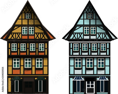 Vector illustrations of german Thalf-timbered house in small town © Chakraborty