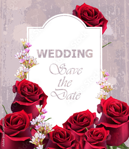 Wedding Invitation with realistic roses Vector. Vintage floral decor red colors