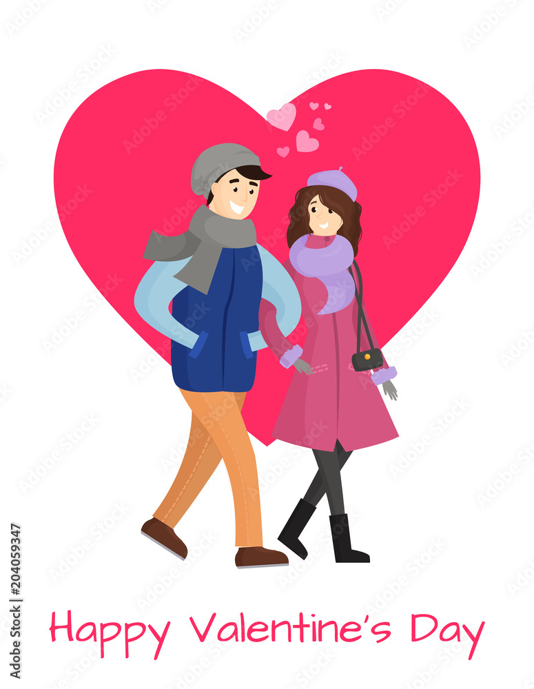 Happy Valentines Day Poster Young Couple in Winter Happy Valentines Day Poster Young Couple in Winter
