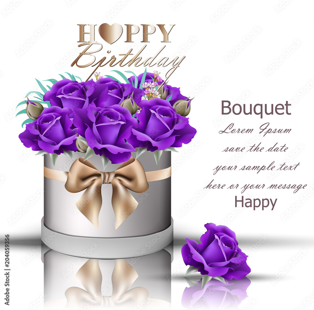 Happy Birthday violet roses bouquet Vector. Vintage floral gift box with bow  decor Stock Vector
